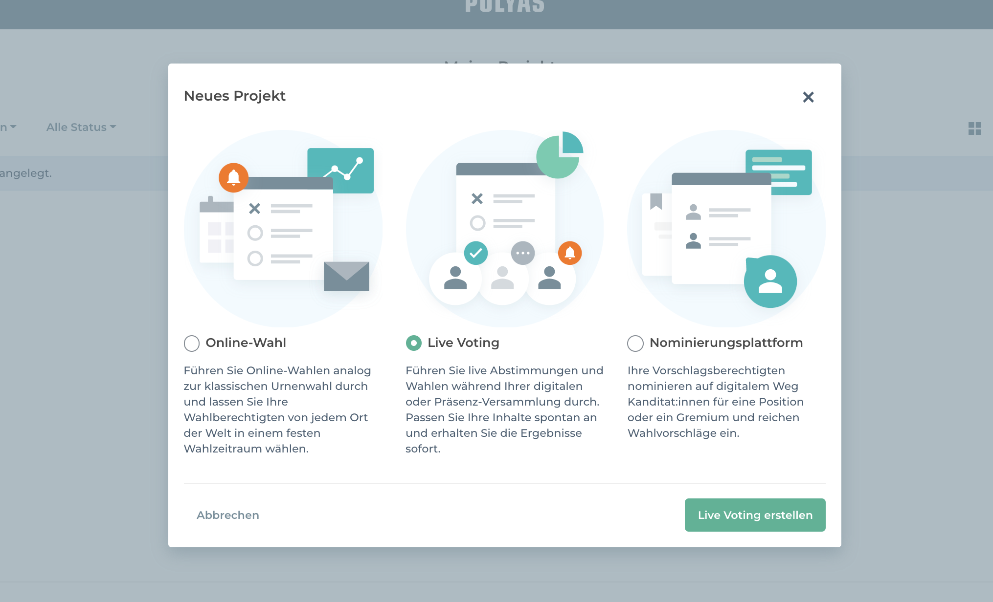 Wählen Sie im POLYAS Online-Wahlmanager das Produkt Live Voting aus.