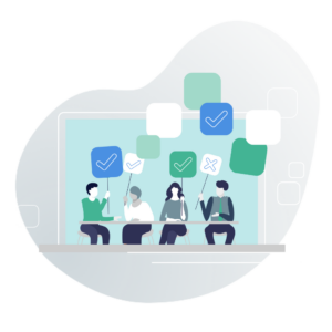 Illustration einer Gruppe Menschen beim Live Voting, Ansicht eines Laptops und darin die Aufnahme diskutierender Menschen