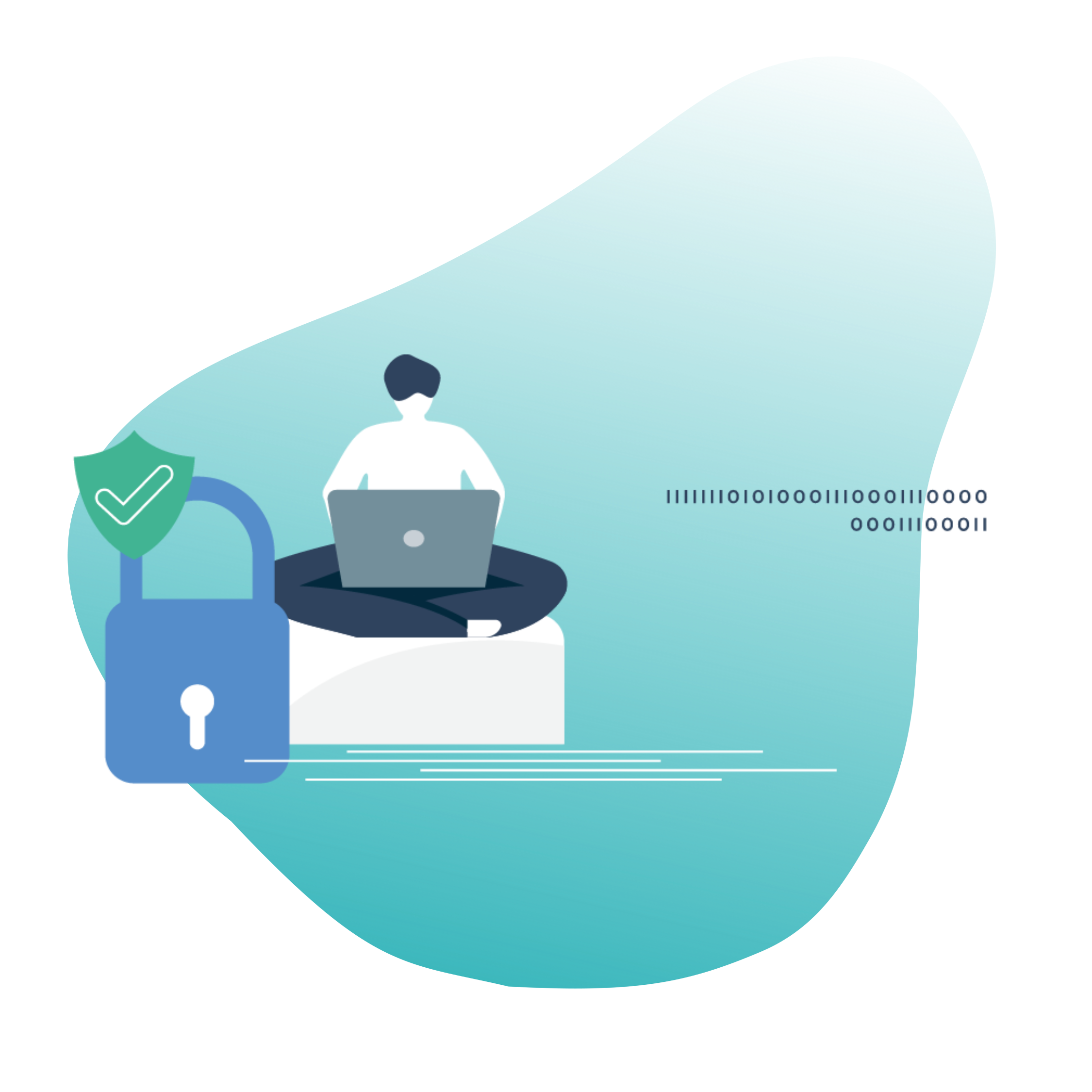 Illustration einer Teilnehmerin einer hybriden Wahl, im Schneidersitz vor ihrem Laptop