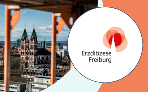 EVKW (5) Logo der Erzdiözese Freiburg in einer weißen Bubble, daneben Ansicht der Freiburger Herz-Jesu-Kirche