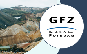 EVKW Logo des GFZ in einer weißen Bubble, daneben Ansicht eines Gebirgszugs in einem tropischen Gebiet