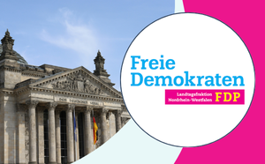 FDP NRW Logo der FDP Nordrhein-Westfalen in weißer Bubble, daneben Ansicht des Bundestags