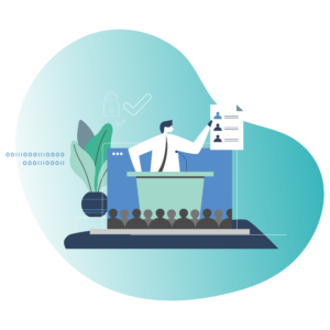 Illustration einer Person bei einem hybriden Event, online und vor Ort