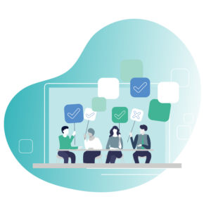 Illustration einer Gruppe Menschen bei einer hybriden Veranstaltung, Ansicht eines Laptops und darin die Aufnahme diskutierender Menschen