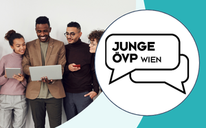 junge ÖVP Logo der FDP Nordrhein-Westfalen in weißer Bubble, daneben Ansicht des Bundestags