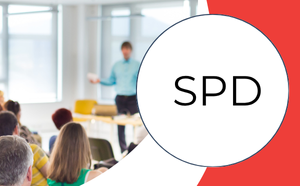 SPD Logo der CDU in weißer Bubble, daneben Bild einer Veranstaltung, Fokus auf Senioren in Anzug