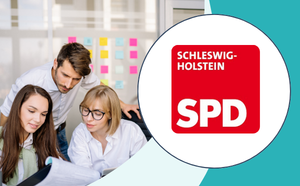 Logo der FDP Nordrhein-Westfalen in weißer Bubble, daneben Ansicht des Bundestags